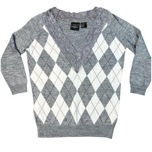 Women Gray White Argyle 3/4 Length Sleeve Top Lace Vneck Blouse‎ Size